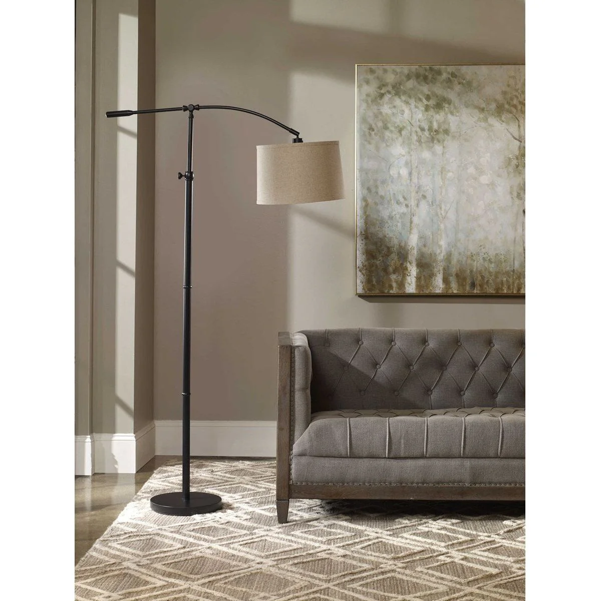 Casa Bella Living Oatmeal Shade With Rubbed Bronze Base Adjustable Modern Arc Floor Lamo - Image 3