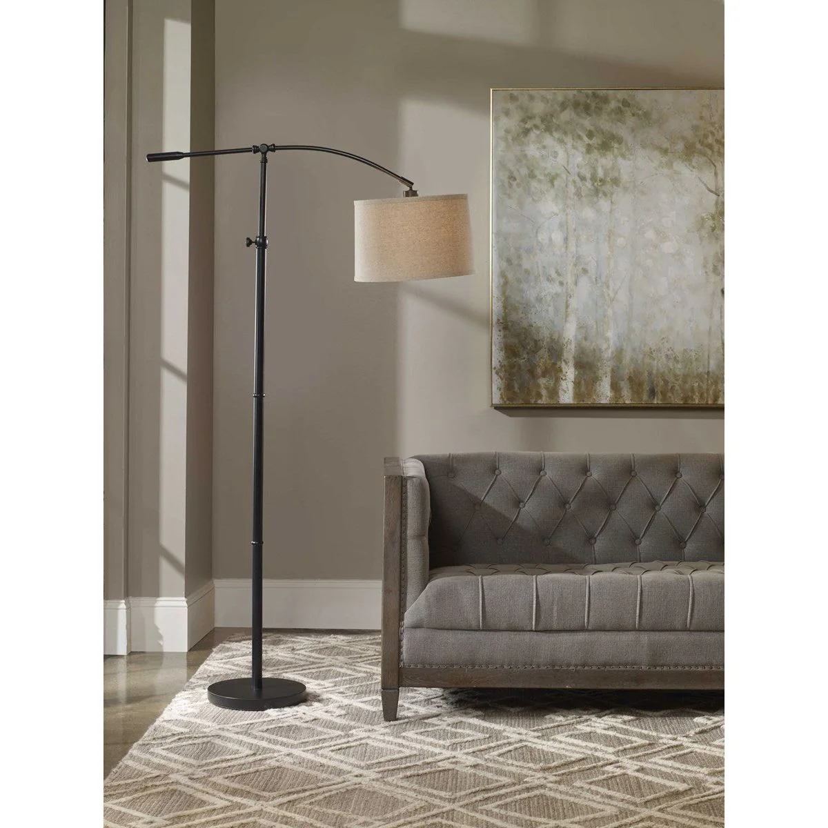 Casa Bella Living Oatmeal Shade With Rubbed Bronze Base Adjustable Modern Arc Floor Lamo - Image 4