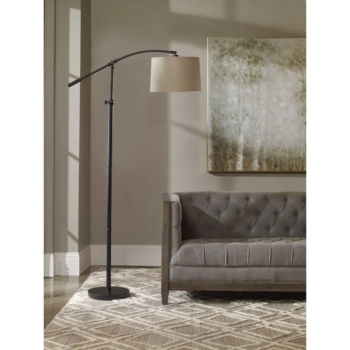 Casa Bella Living Oatmeal Shade With Rubbed Bronze Base Adjustable Modern Arc Floor Lamo - Image 5
