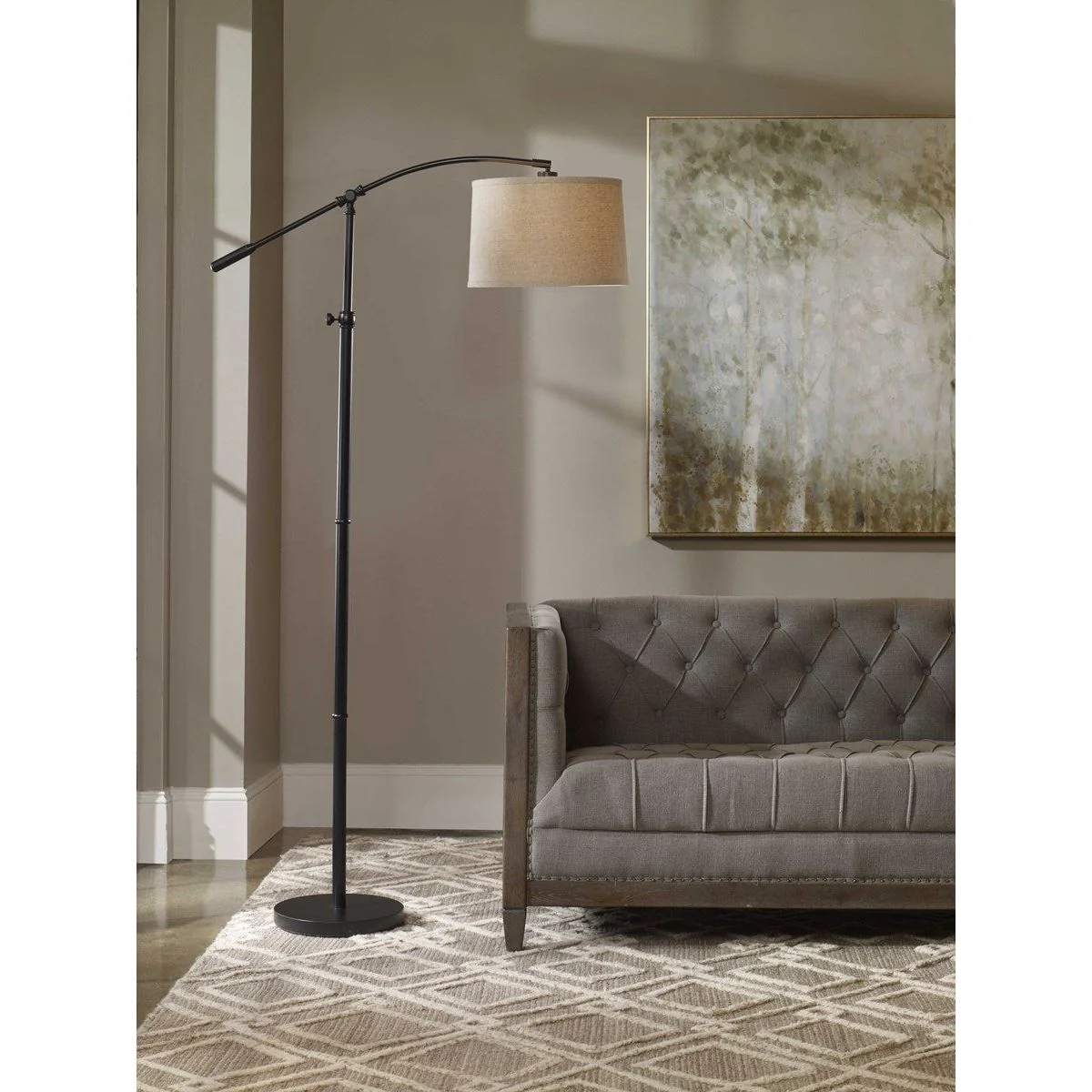 Casa Bella Living Oatmeal Shade With Rubbed Bronze Base Adjustable Modern Arc Floor Lamo - Image 6