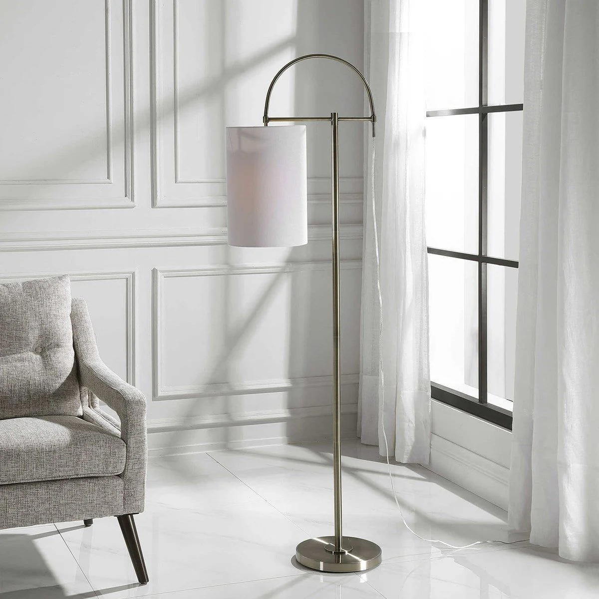 Casa Bella Living Light Beige Linen Drum Shade with Antique Brushed Brass Base Modern Arc Floor Lamp