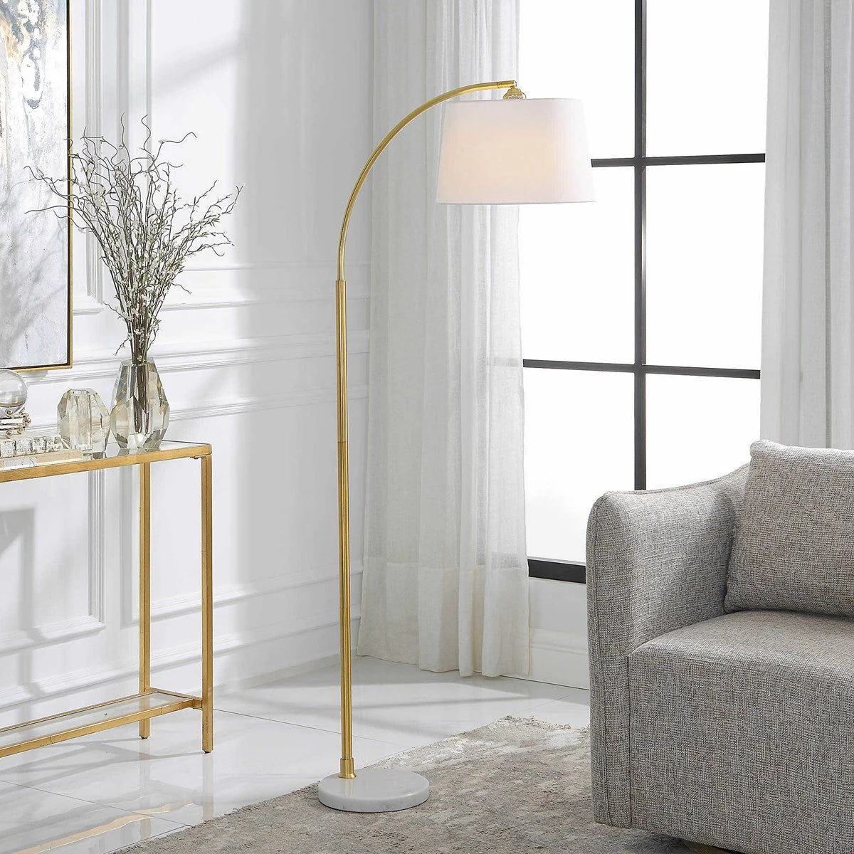Casa Bella Living White Linen Shade With Gold Metal and White Marble Base Adjustable Modern Arc Floor Lamp
