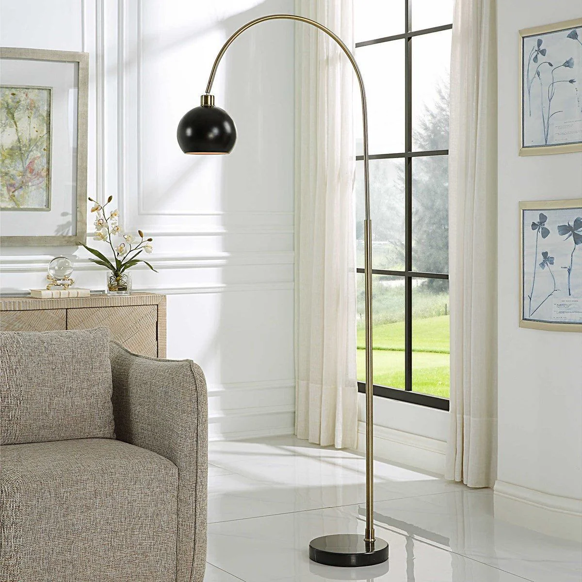 Casa Bella Living Matte Black Metal Shade With Antique Bass and Black Marble Base Modern Arched Floor Lamp
