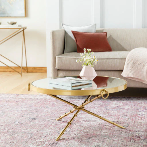 Surya Galatine Modern Mirrored Top With Metallic Gold Metal Round Coffee Table GIE-001