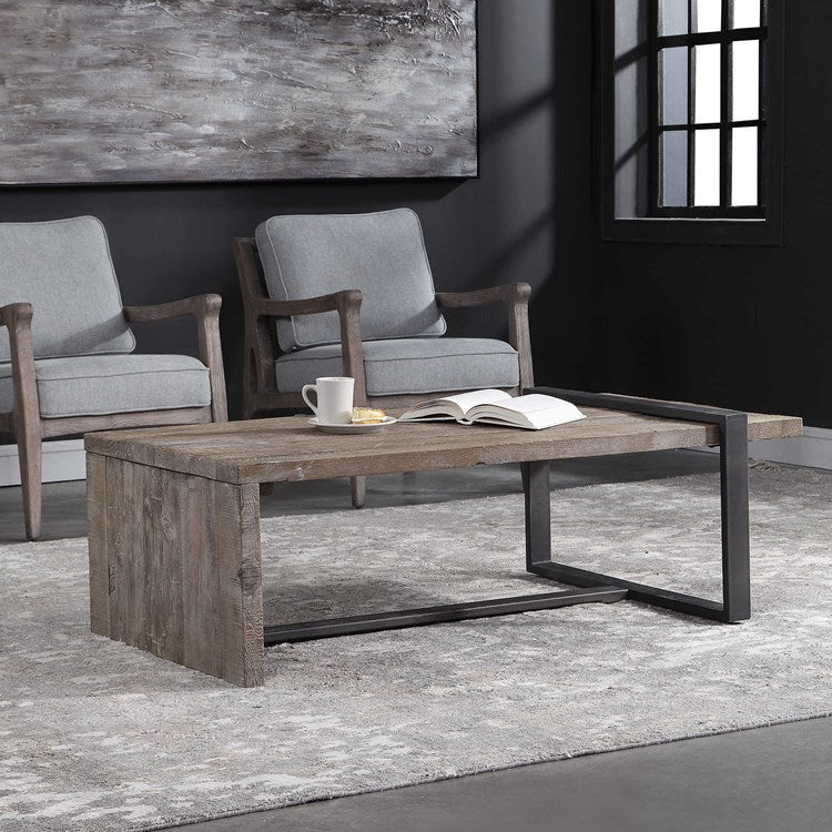 Uttermost Genero Weathered Gray Wash Wood With Aged Iron Rustic Modern Coffee Table - Image 2