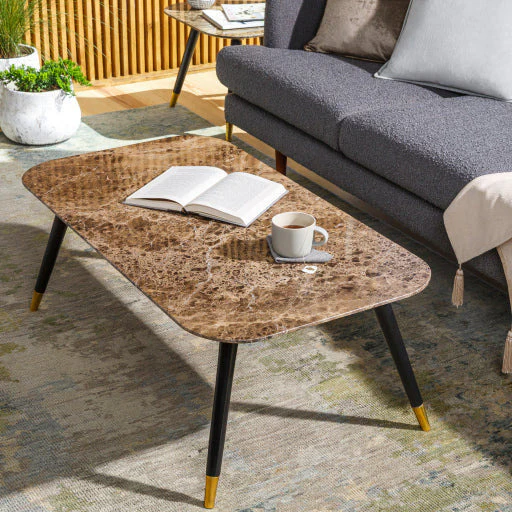 Surya Grandeur Modern Brown Marble Top With Black Wood & Brass Base Coffee Table GUR-002 - Image 3