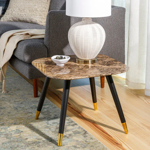 Surya Grandeur Modern Brown Marble Top With Black Wood Base & Brass Feet Accent Side Table GUR-004