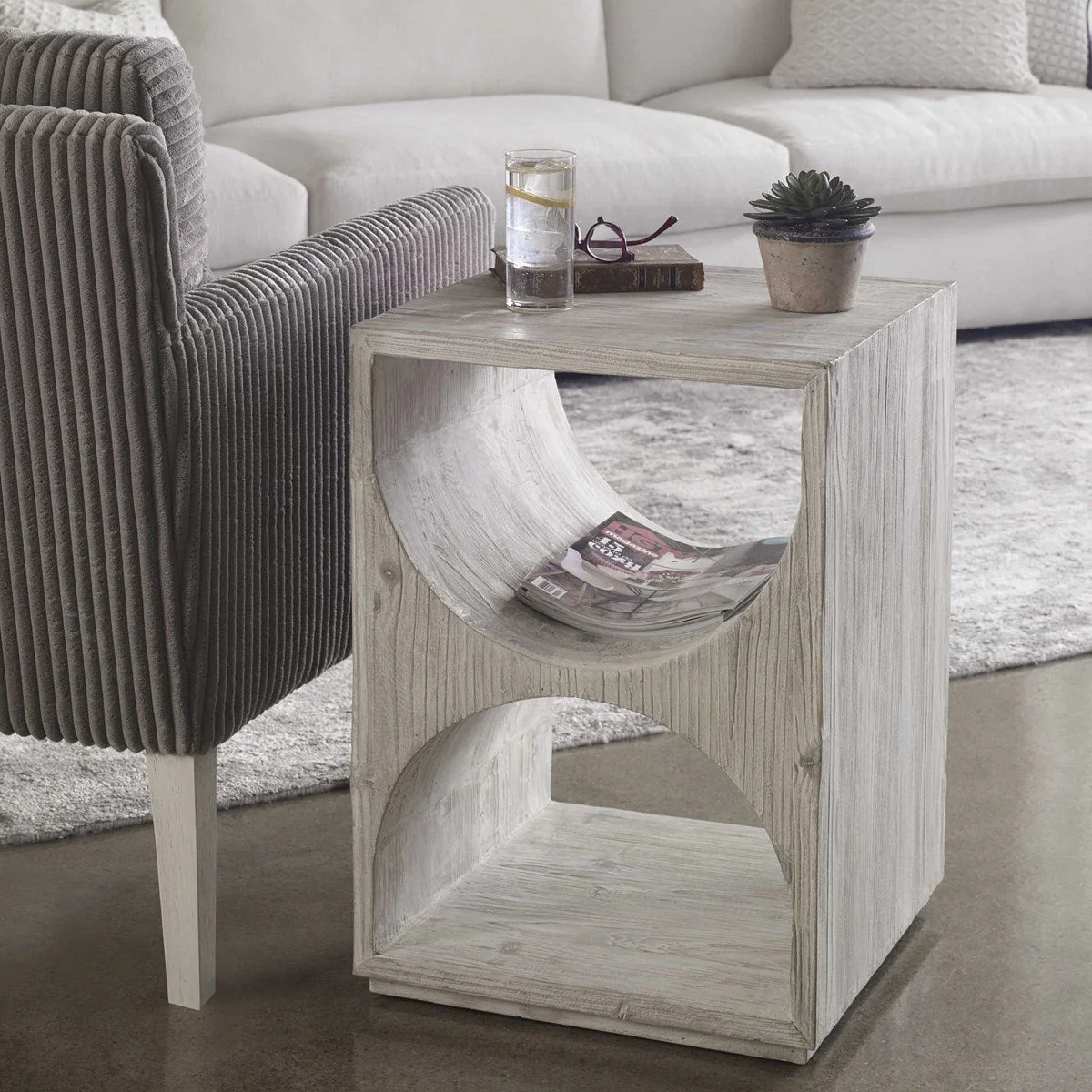 Uttermost Hans Distressed Ivory Fir Wood Scandinavian Style Side Table
