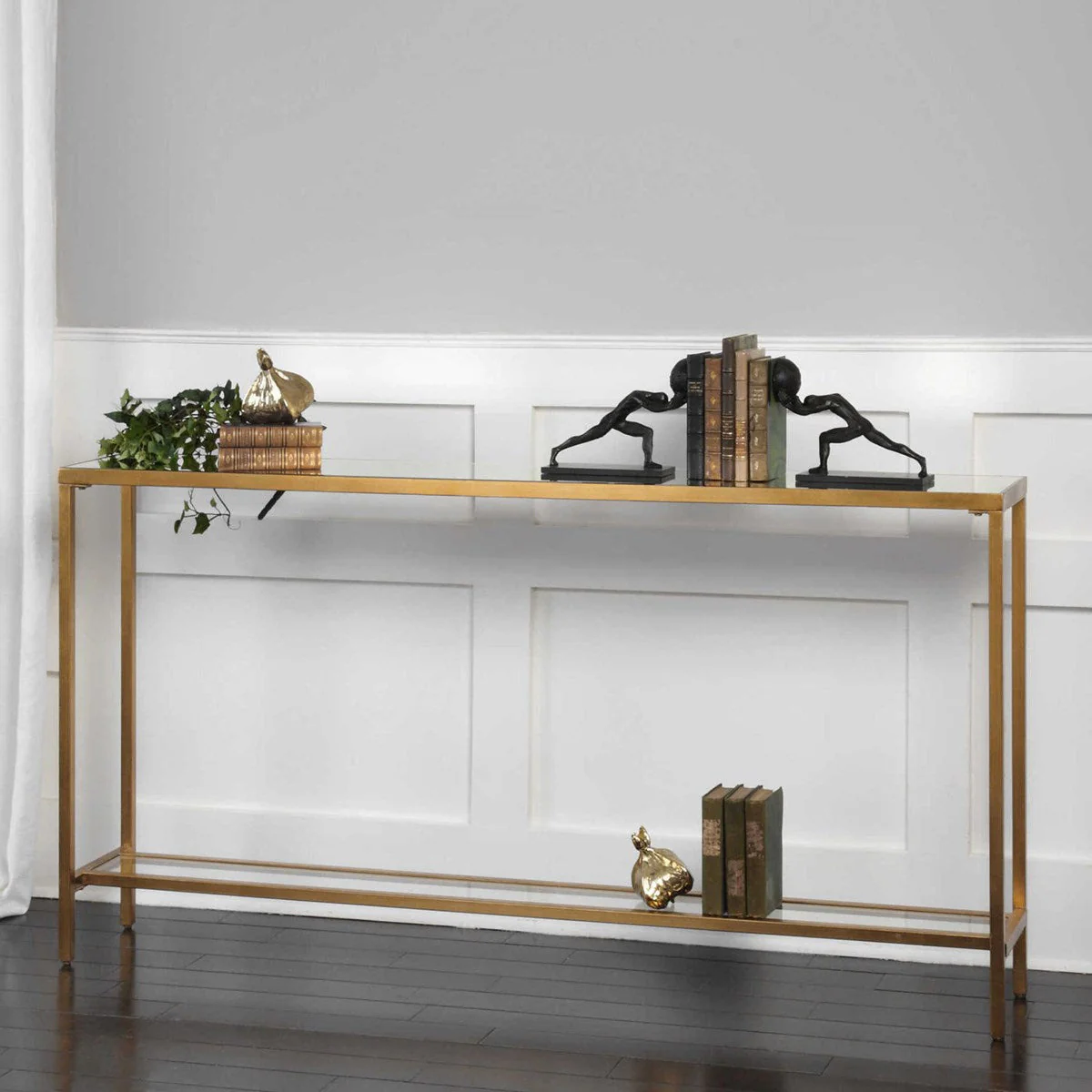 Uttermost Hayley Mirrored Top With Antiqued Gold Iron Modern Narrow Console Table - Image 4