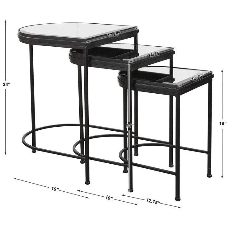 Uttermost India Mirrored Top With Matte Black Iron Set of 3 Nesting Tables - Image 6