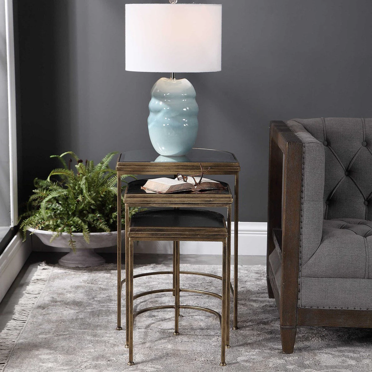 Uttermost India Mirrored Top With Antiqued Brushed Gold Iron Set of 3 Nesting Tables - Image 3