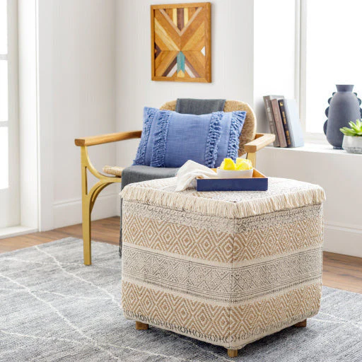 Surya Isaiah Modern Boho Cream, Tan & Charcoal Jute Pouf Ottoman IIH-001