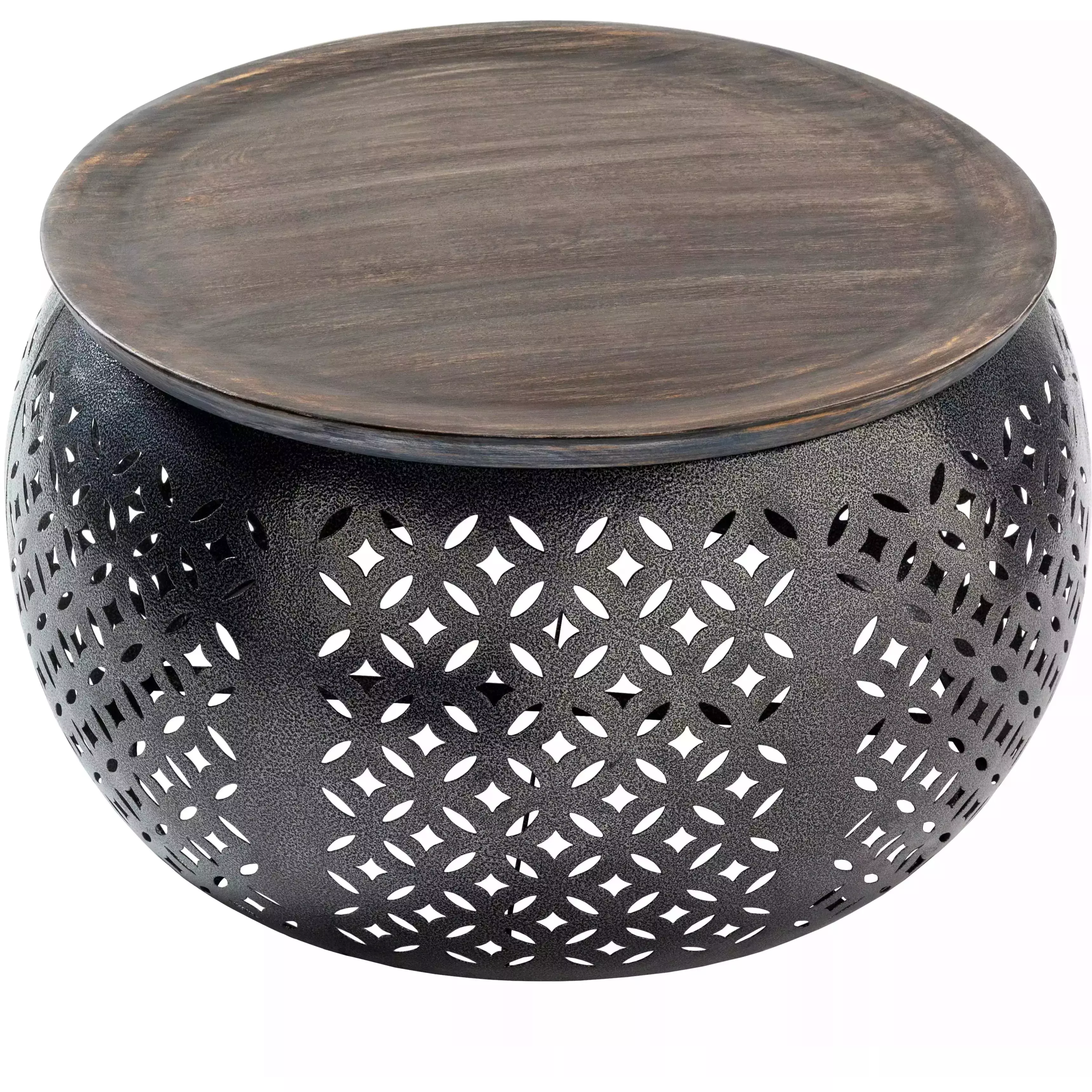 Surya Jaali Modern Dark Brown Wood Top With Charcoal Metal Base Round Coffee Table JLI-003 - Image 2