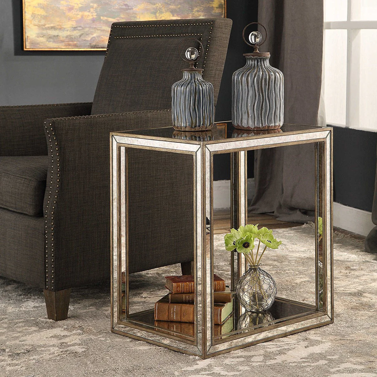 Uttermost Julie Antiqued Mirror With Burnished Antique Gold Birch Wood End Table - Image 4