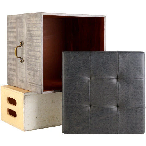 Surya Kassi Modern Rustic Faux Charcoal Gray Tufted Leather & Wood Storage Ottoman KSS-002 - Image 7