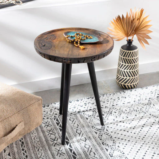 Surya Kavya Rustic Modern Wood Top With Black Metal Base Round Accent Side Table KAV-001 - Image 3