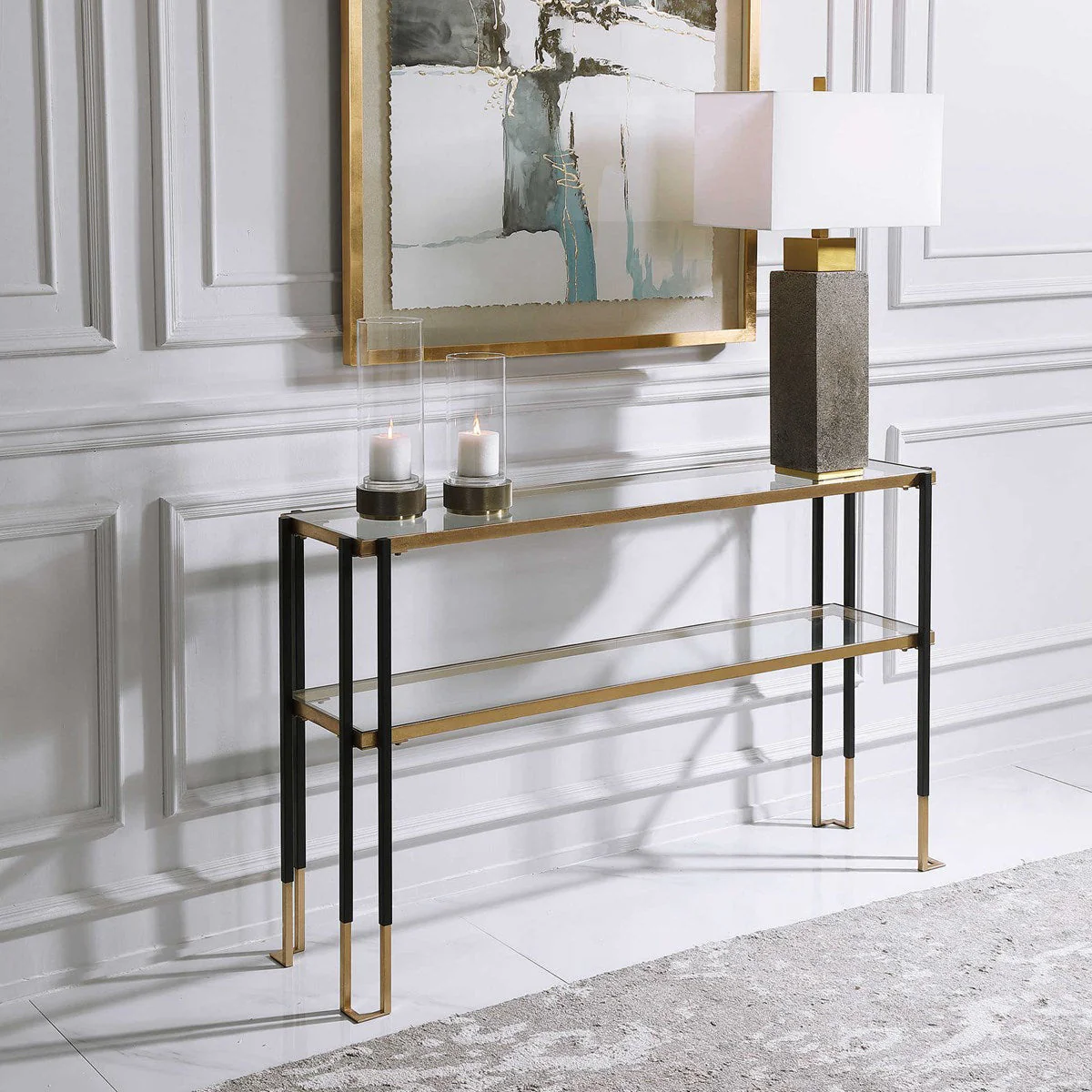 Uttermost Kentmore Glass Too With Matte Black and Brushed Gold Iron Contemporary Console Table - Image 4