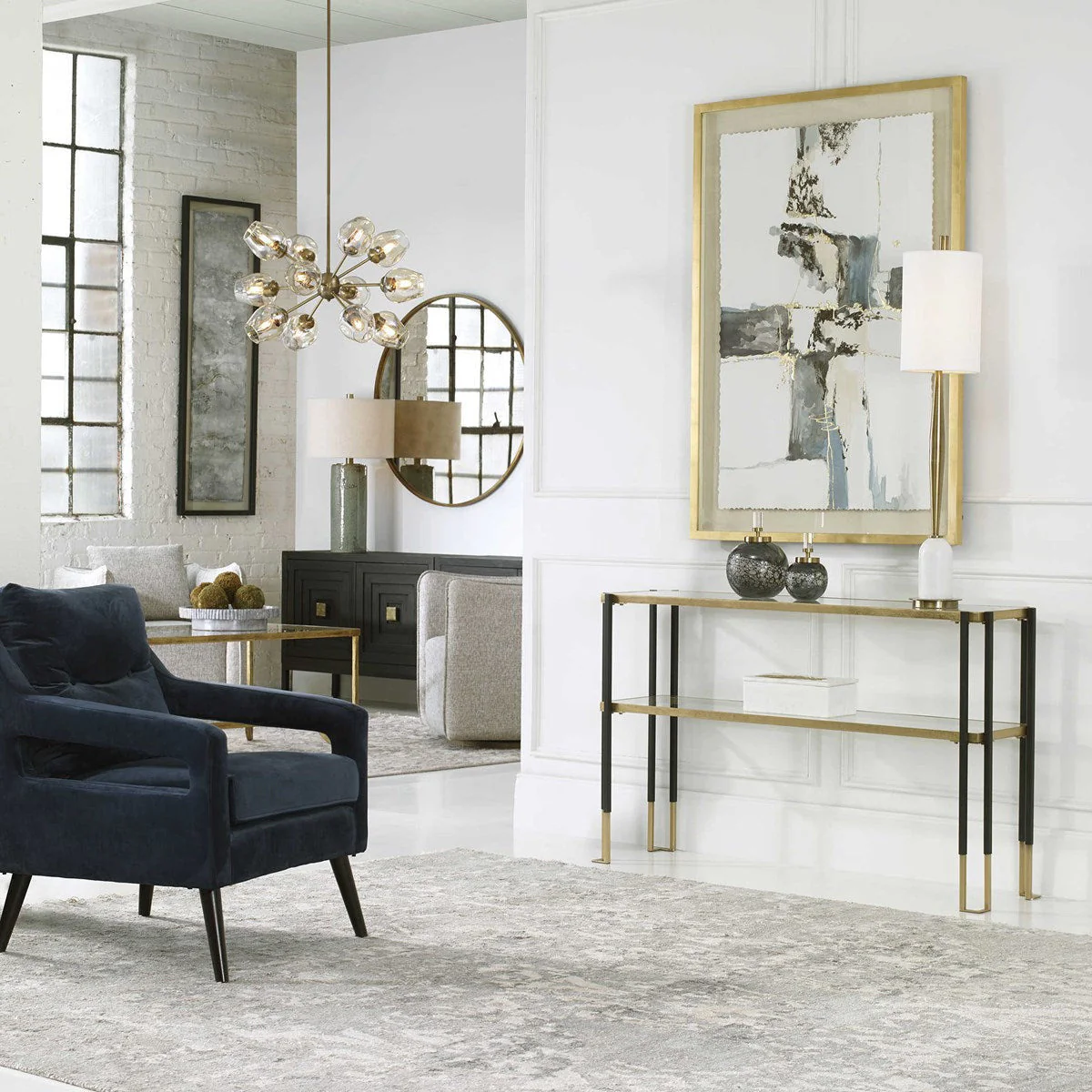 Uttermost Kentmore Glass Too With Matte Black and Brushed Gold Iron Contemporary Console Table - Image 5