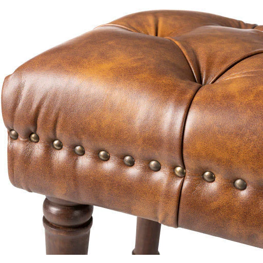 Surya Lancaster Modern Rustic Cognac Faux Leather Tufted Bench With Brown Wood Base LCT-001 - Image 2
