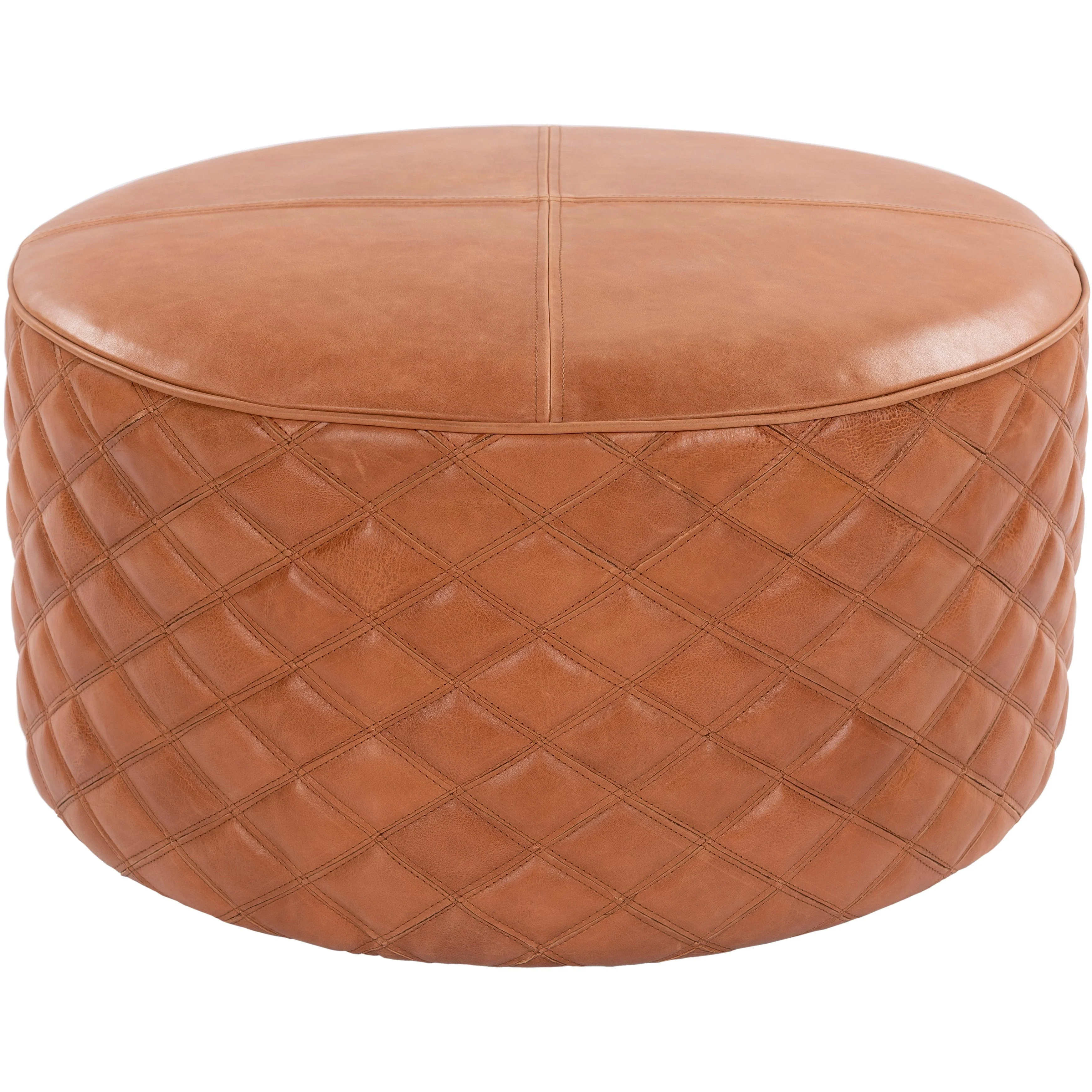 Surya Lance Modern Rustic Brown Quilted Leather Round Ottoman LEPF-001 - Image 2