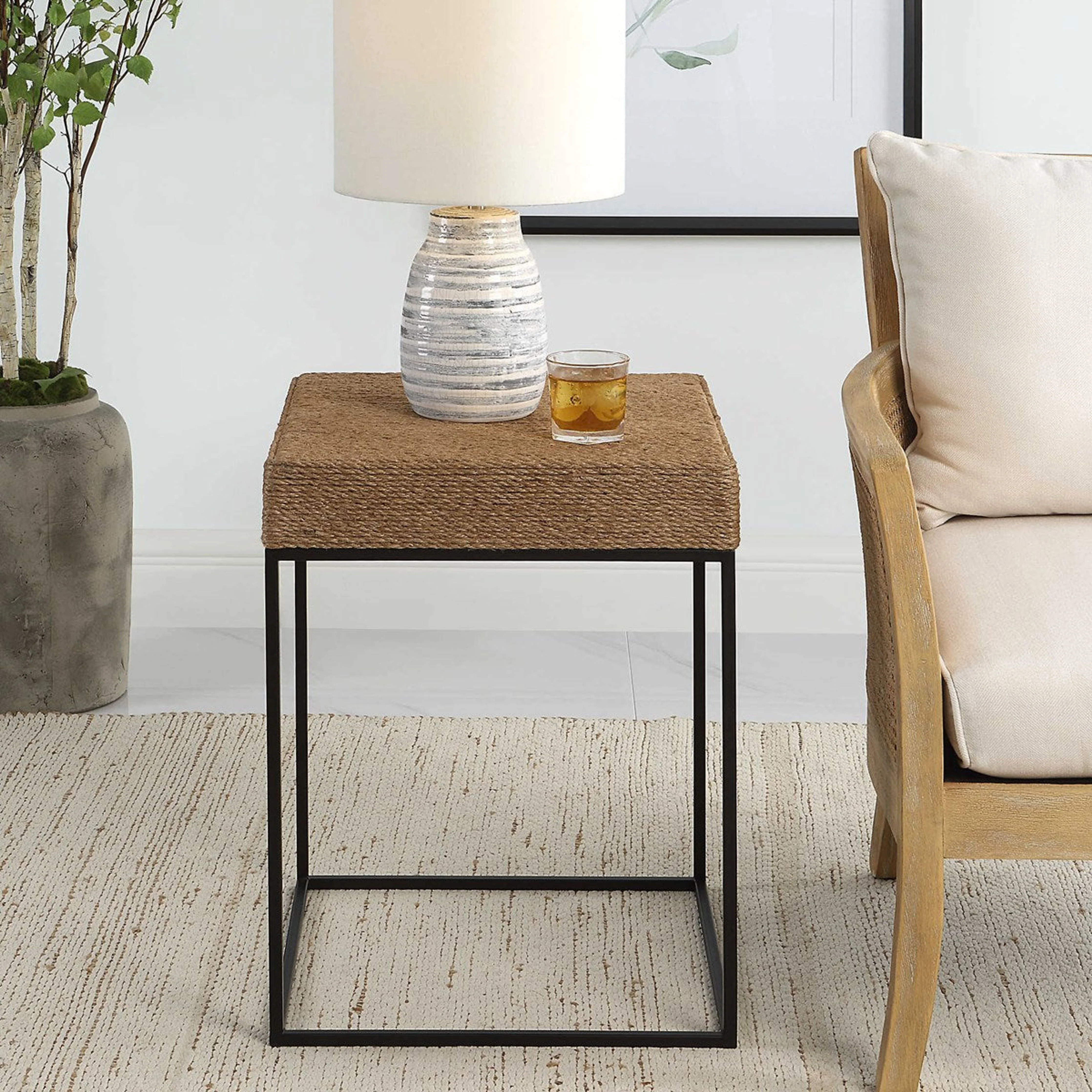 Uttermost Laramie Natural Braided Rope Top With Matte Black Iron Modern Coastal Accent Table - Image 3