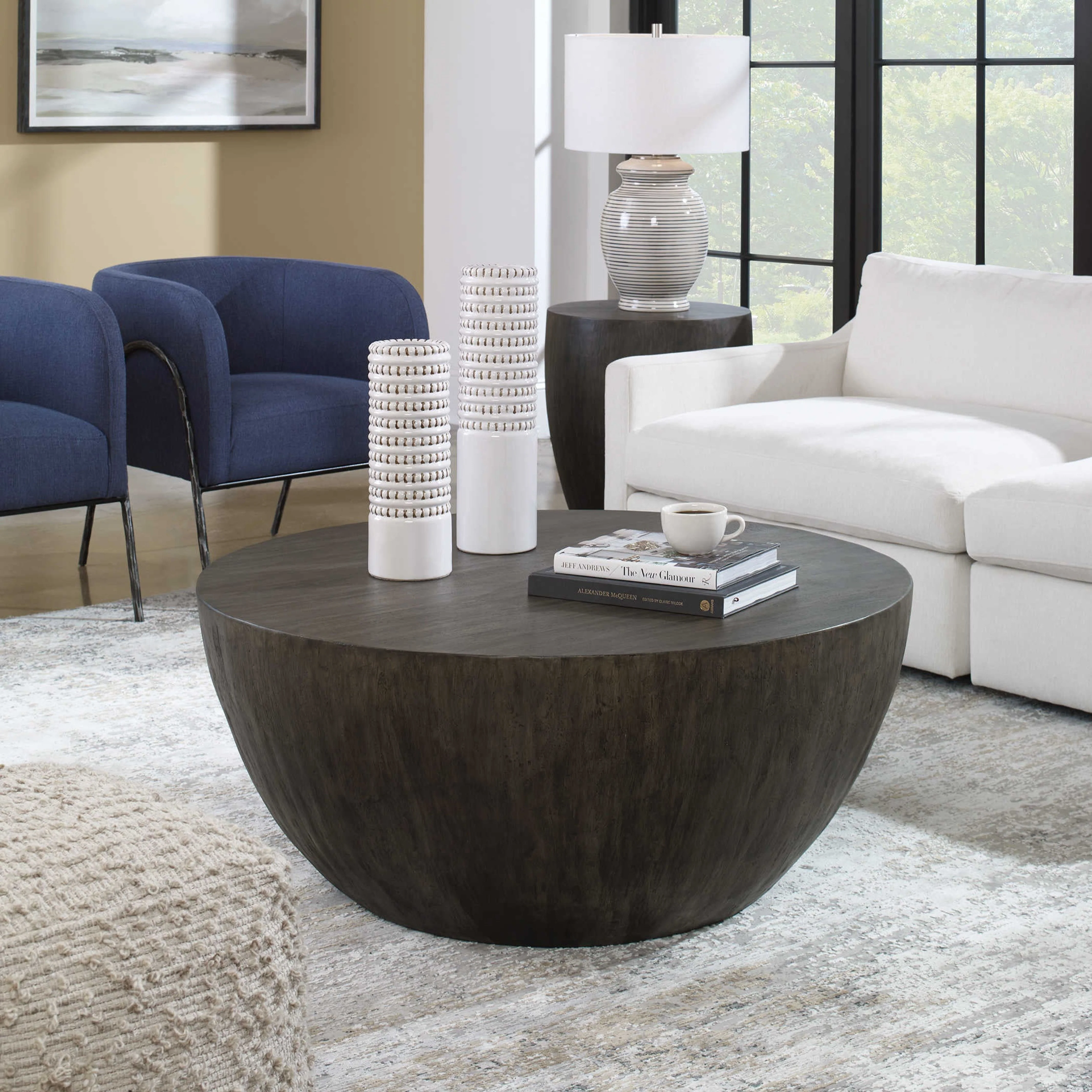 Uttermost Lark Aged Walnut Gray Mango Wood Modern Round Coffee Table - Image 2