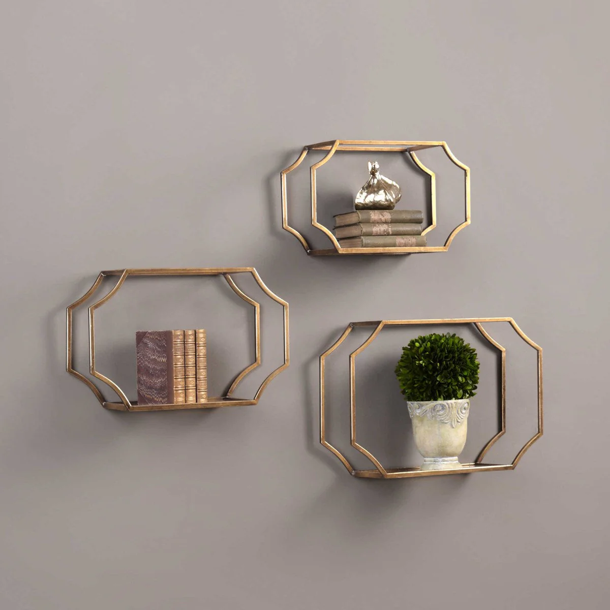 Uttermost Lindee Antiqued Gold Leaf and Glass Set of 3 Wall Shelves - Image 3