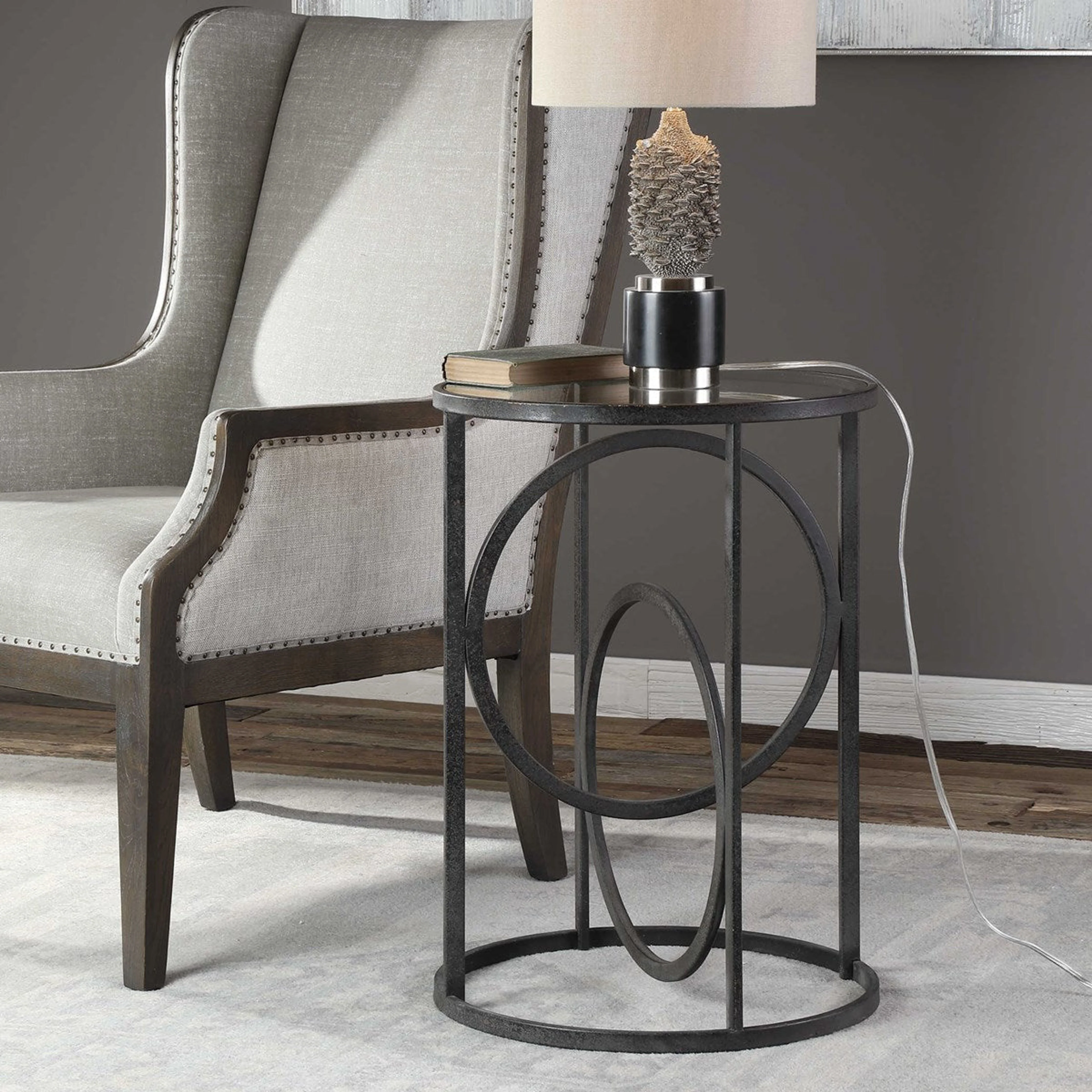 Uttermost Lucien Glass Top With Aged Black Iron Base Modern Accent Table - Image 2