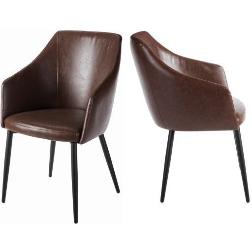 Surya Milford Modern SET OF 2 Faux Brown Leather Dining Chairs With Black Metal Legs