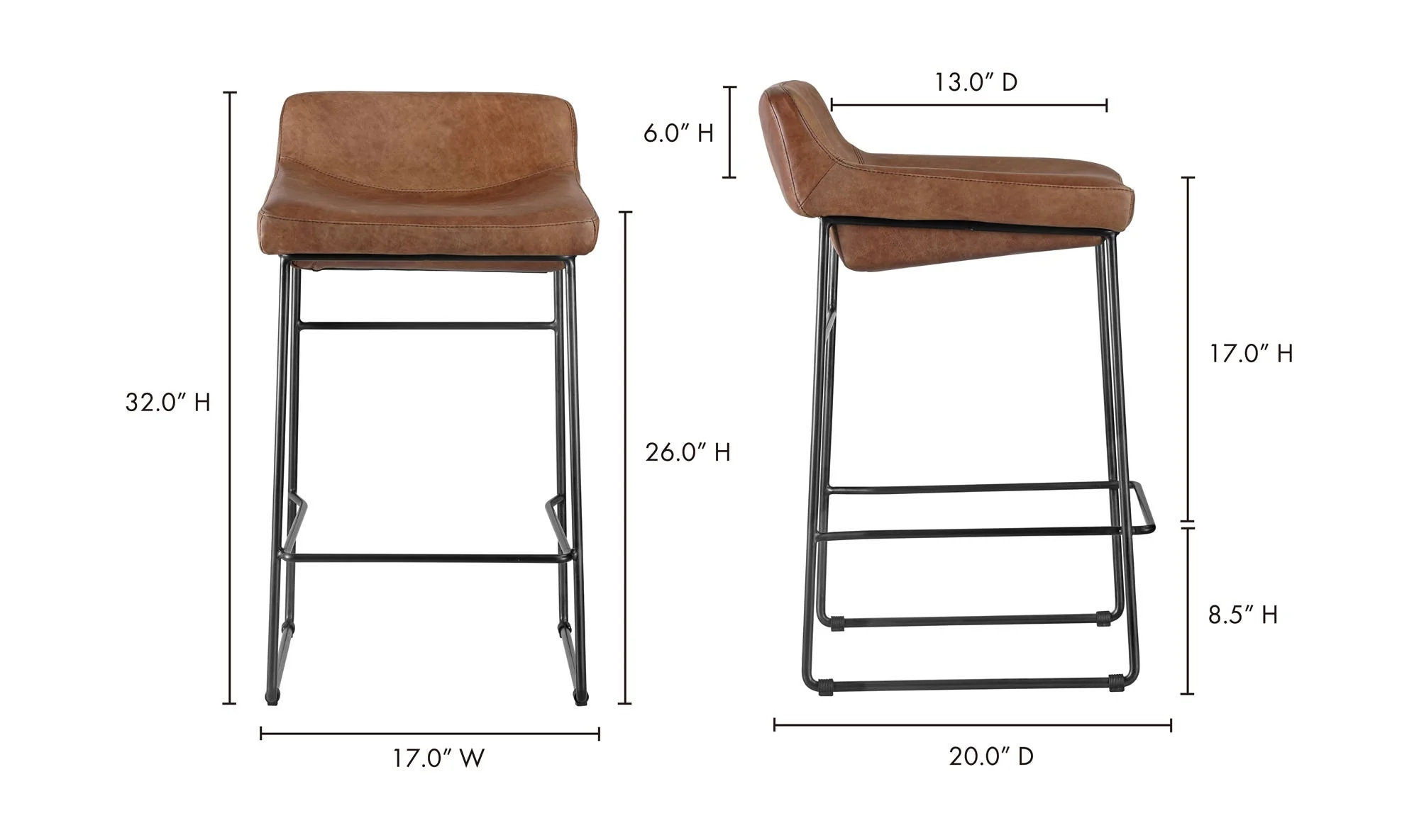 Moe's Home Starlet Counter Stool Open Road Brown Leather - Set Of Two - Image 9
