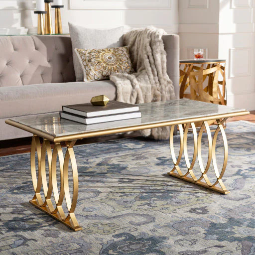 Surya Nishka Modern White Marble Top With Gold Metal Base Rectangular Coffee Table NHA-100