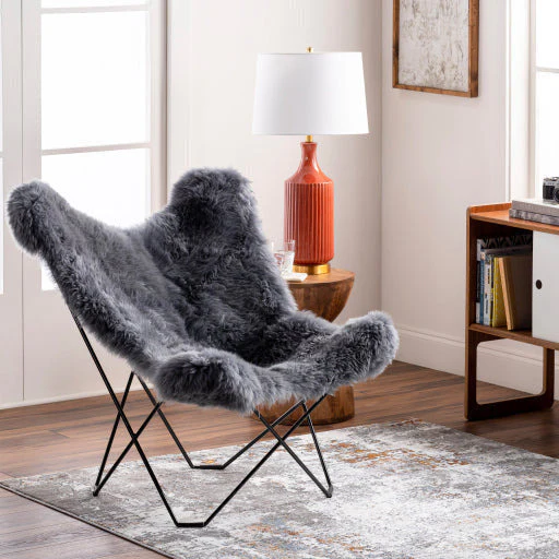 Surya Nizhoni Modern Charcoal Grey Sheepskin Sling Chair With Black Metal Legs