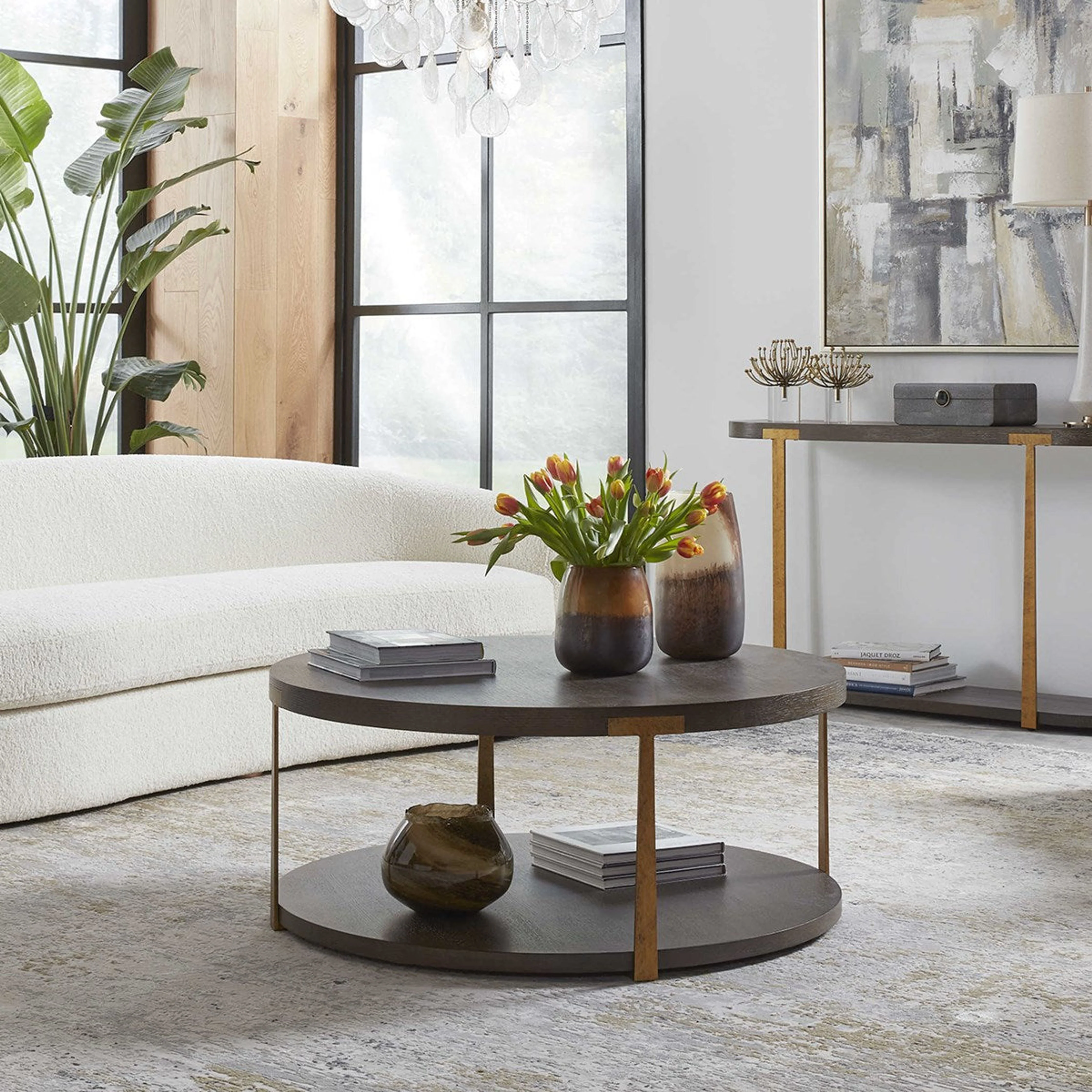 Uttermost Palisade Rich Coffee Finished Oak Top with Antiqued Gold Metal Modern Round Coffee Table