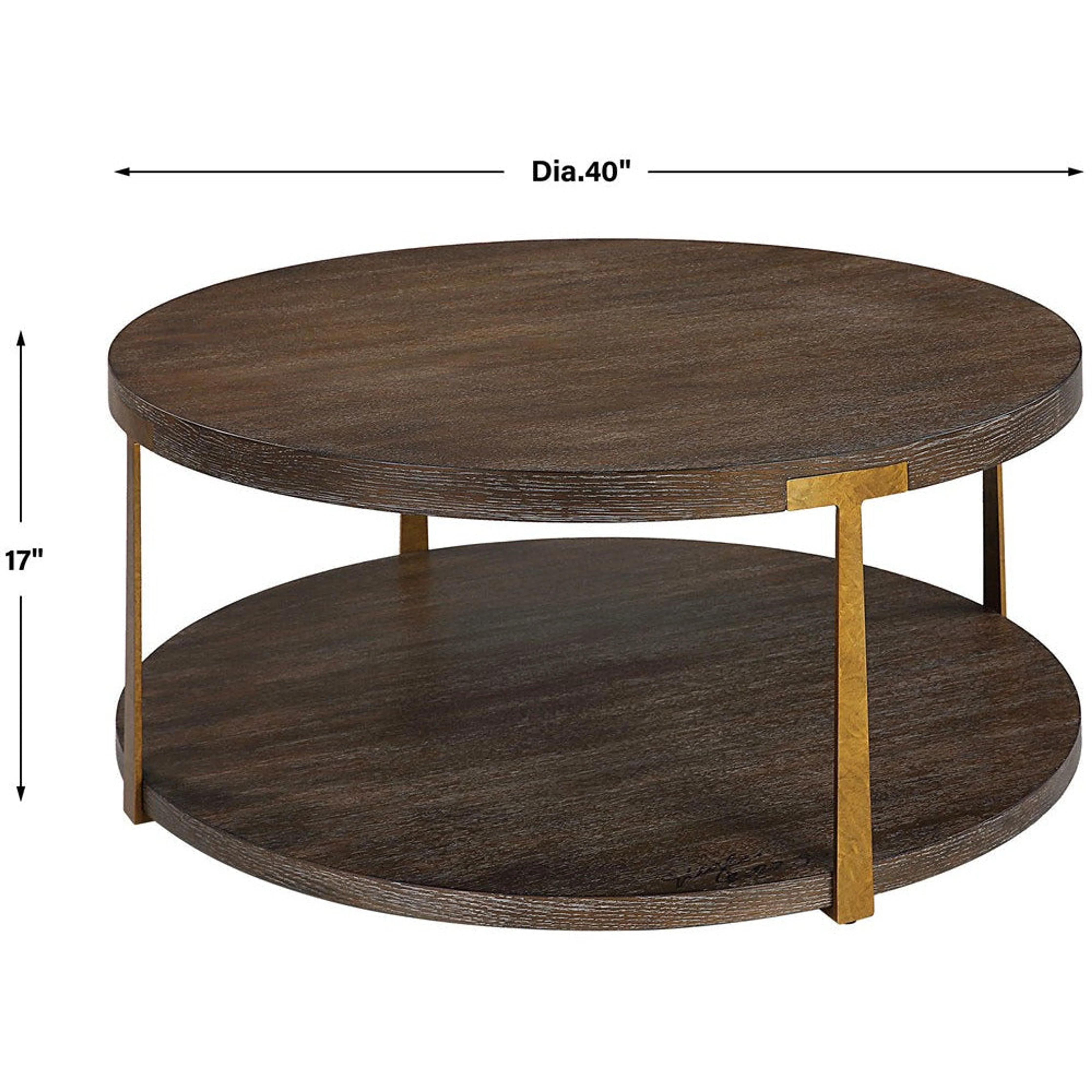 Uttermost Palisade Rich Coffee Finished Oak Top with Antiqued Gold Metal Modern Round Coffee Table - Image 8