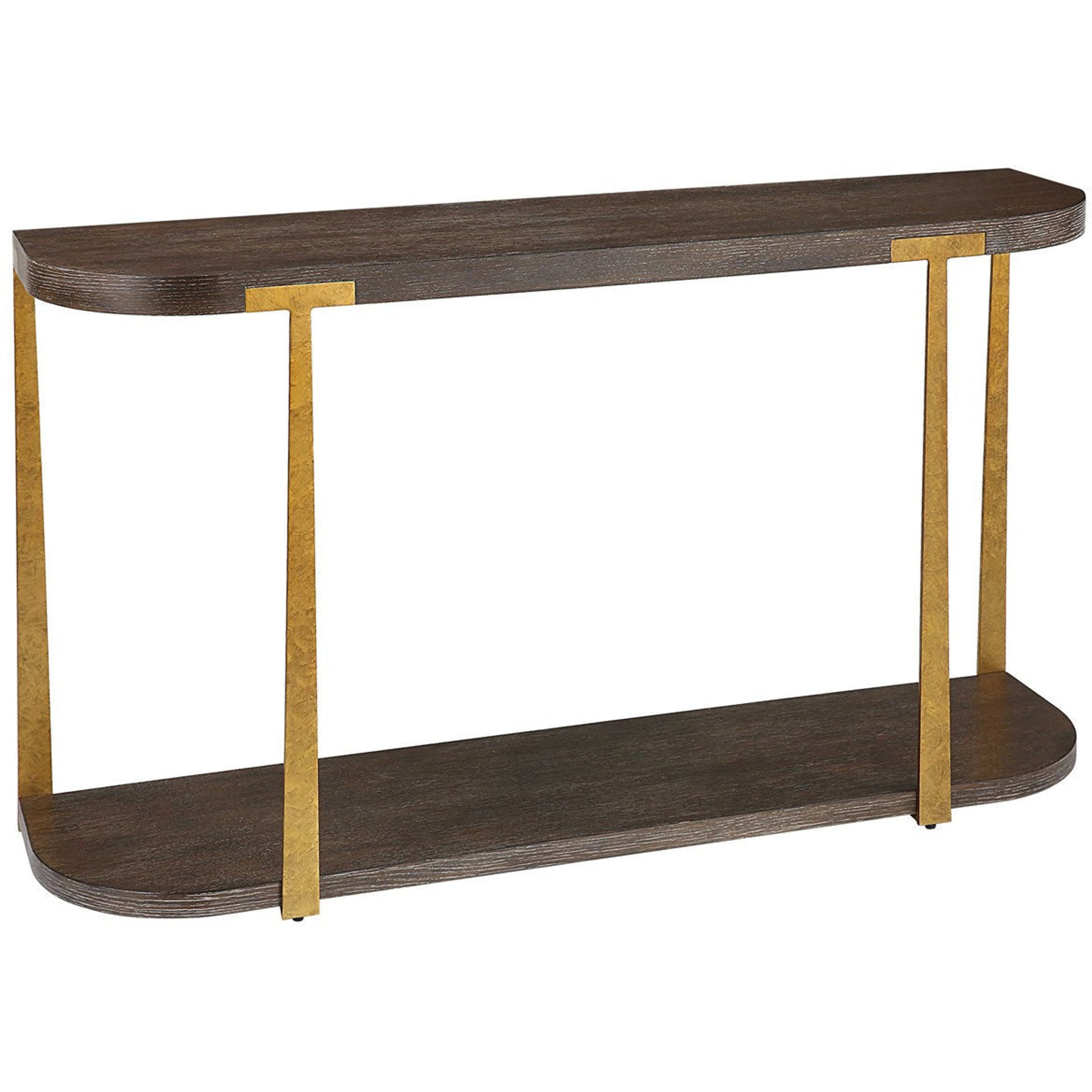 Uttermost Palisade Rich Coffee Finished Oak With Antiqued Gold Metal Modern Console Table - Image 4
