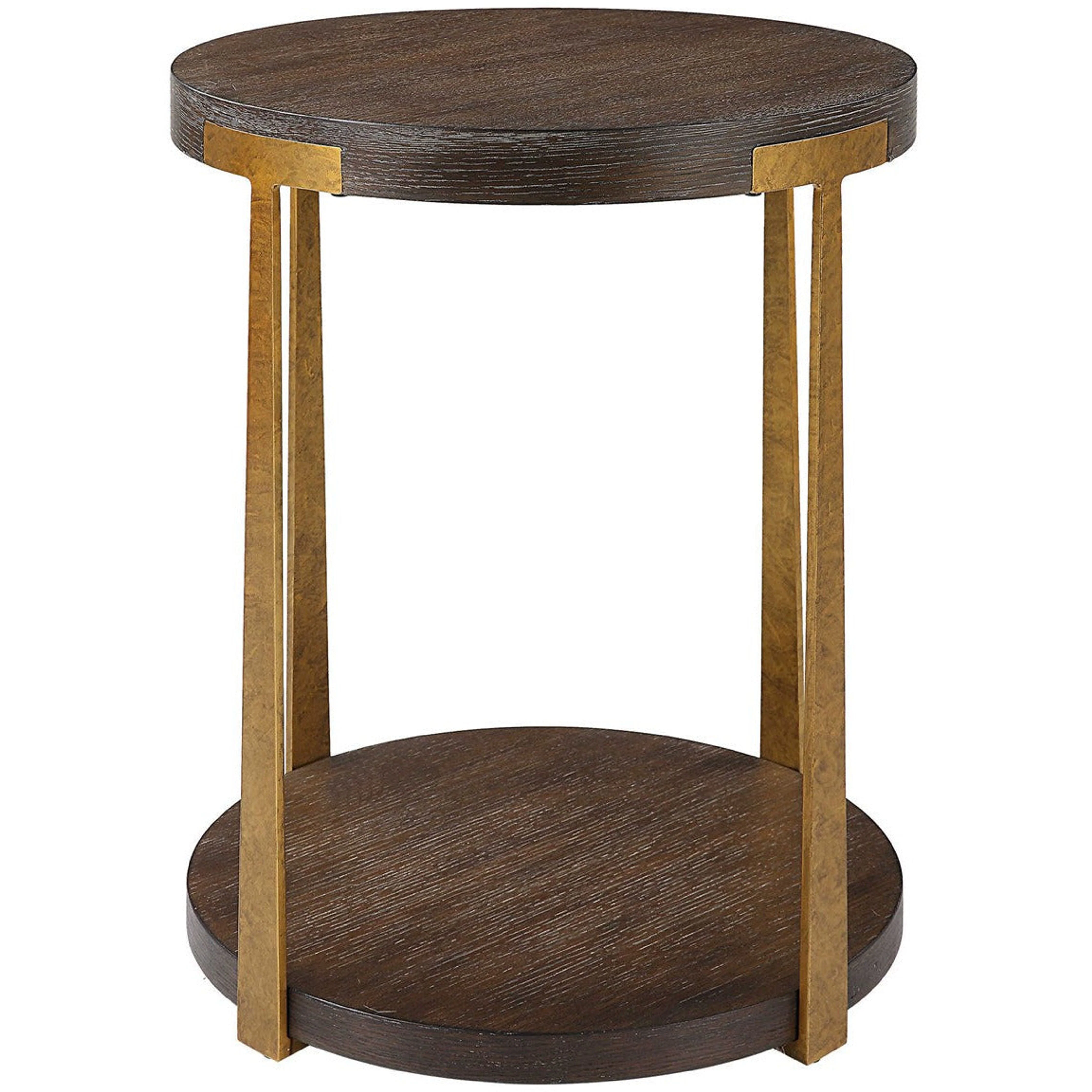 Uttermost Palisade Rich Coffee Finished Oak With Antiqued Gold Metal Modern Side Table