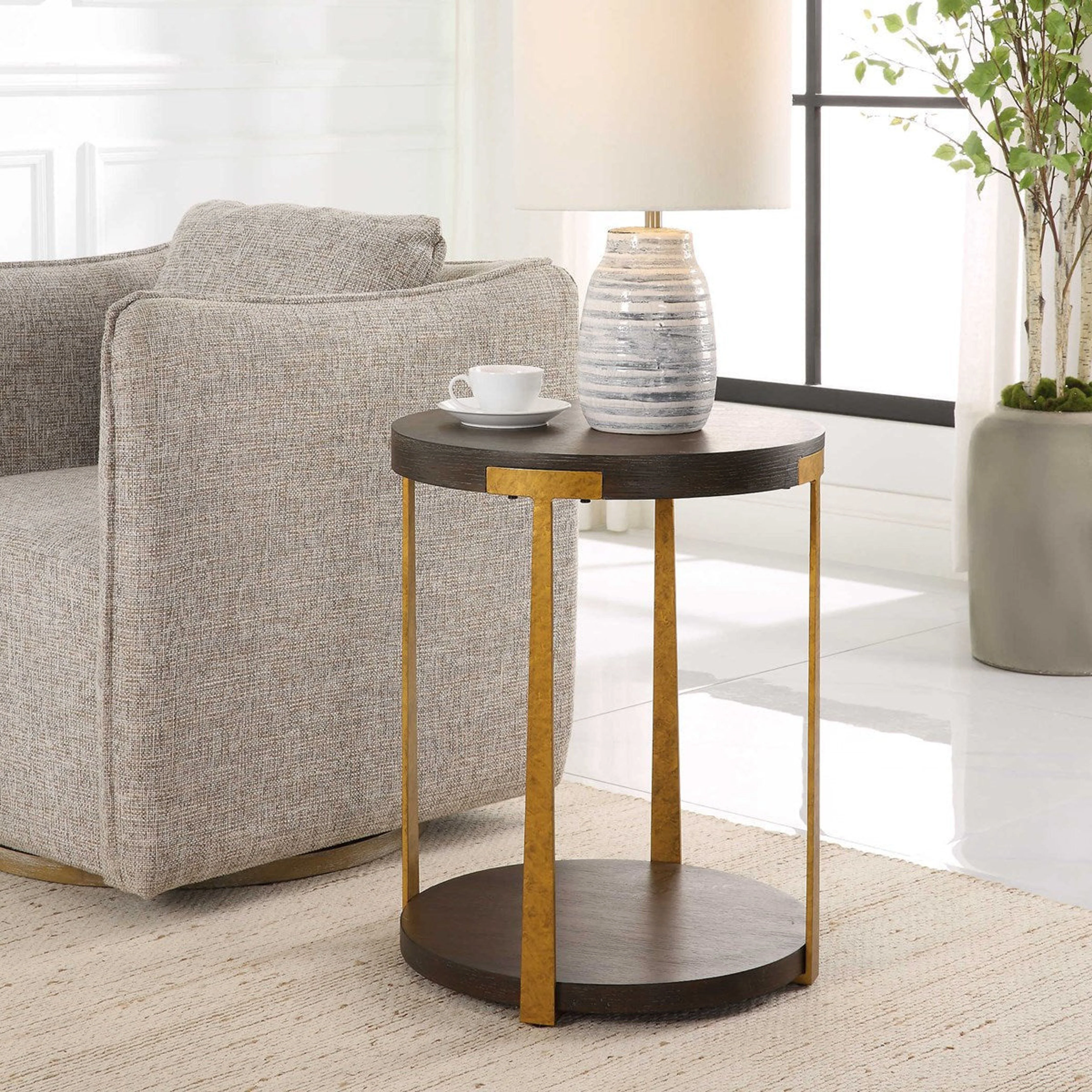 Uttermost Palisade Rich Coffee Finished Oak With Antiqued Gold Metal Modern Side Table - Image 2