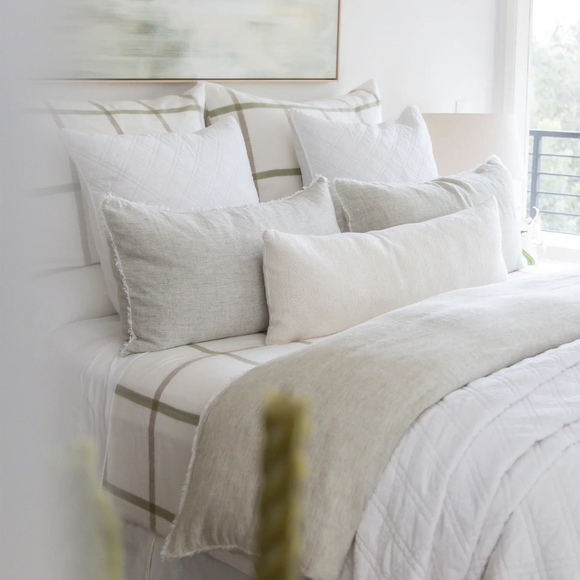 Pom Pom at Home Copenhagen White and Olive Big Pillow with Insert ~ 28 x 36