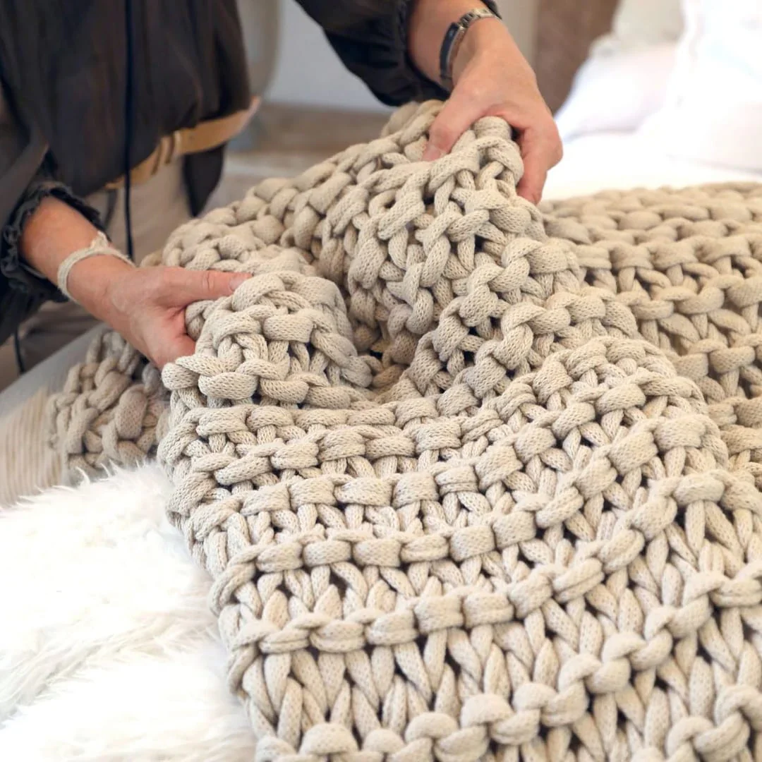 Pom Pom at Home Finn Taupe Hand Knit Chunky Throw Blanket ~ 50” x 60” - Image 5