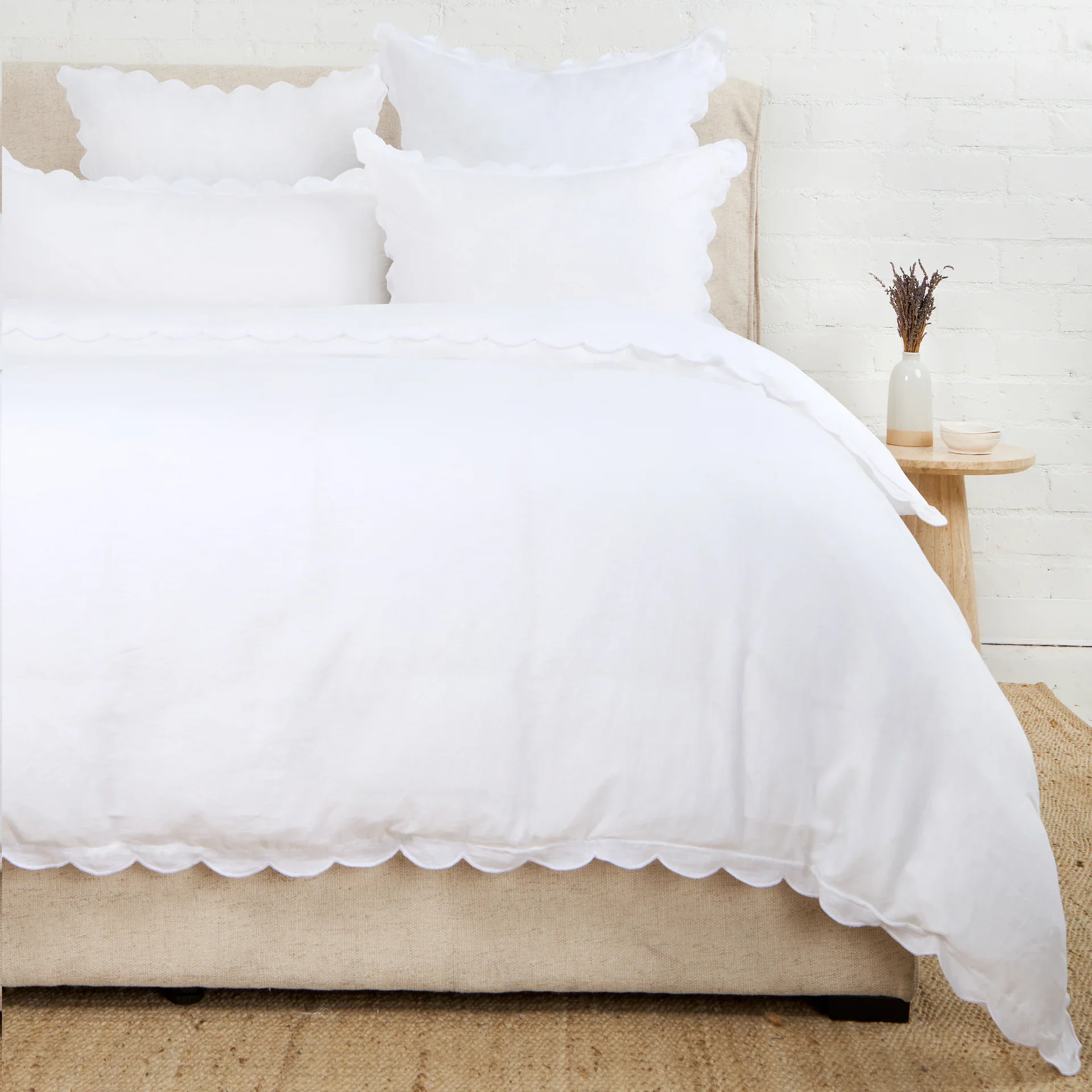 Pom Pom at Home Kelly White and Flax Linen Scalloped Duvet Cover & Pillow Shams ~ Available in Queen and King Sizes
