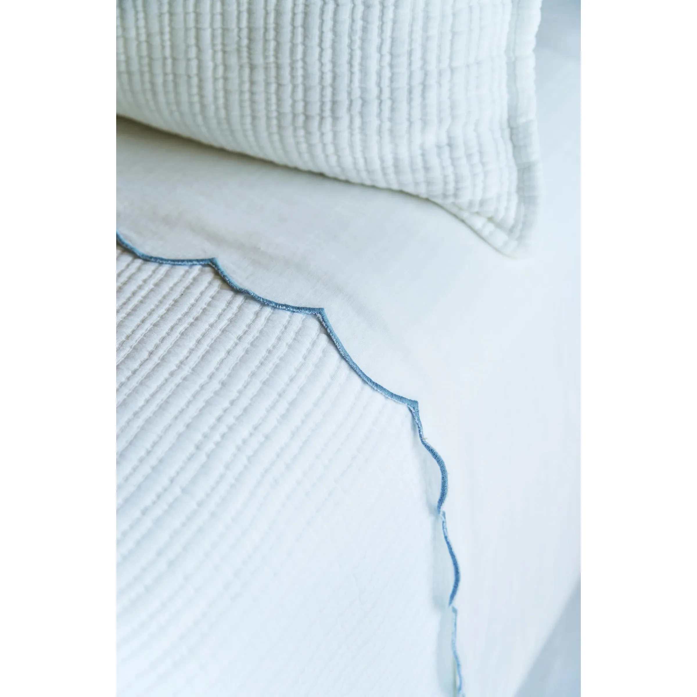 Pom Pom at Home Kelly White and French Blue Linen Scalloped Sheet Set ~ Available in Queen and King Sizes - Image 2