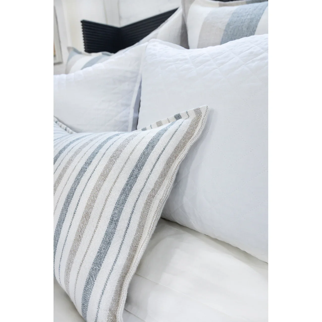 Pom Pom at Home Naples Ocean and Natural Linen Striped Body Pillow with Insert ~ 18 x 60 - Image 2