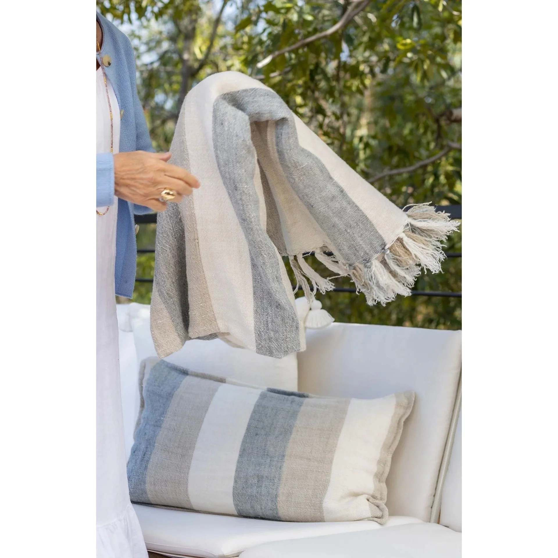 Pom Pom at Home Naples Ocean and Natural Linen Striped Oversized Throw ~ 60 x 90 - Image 2