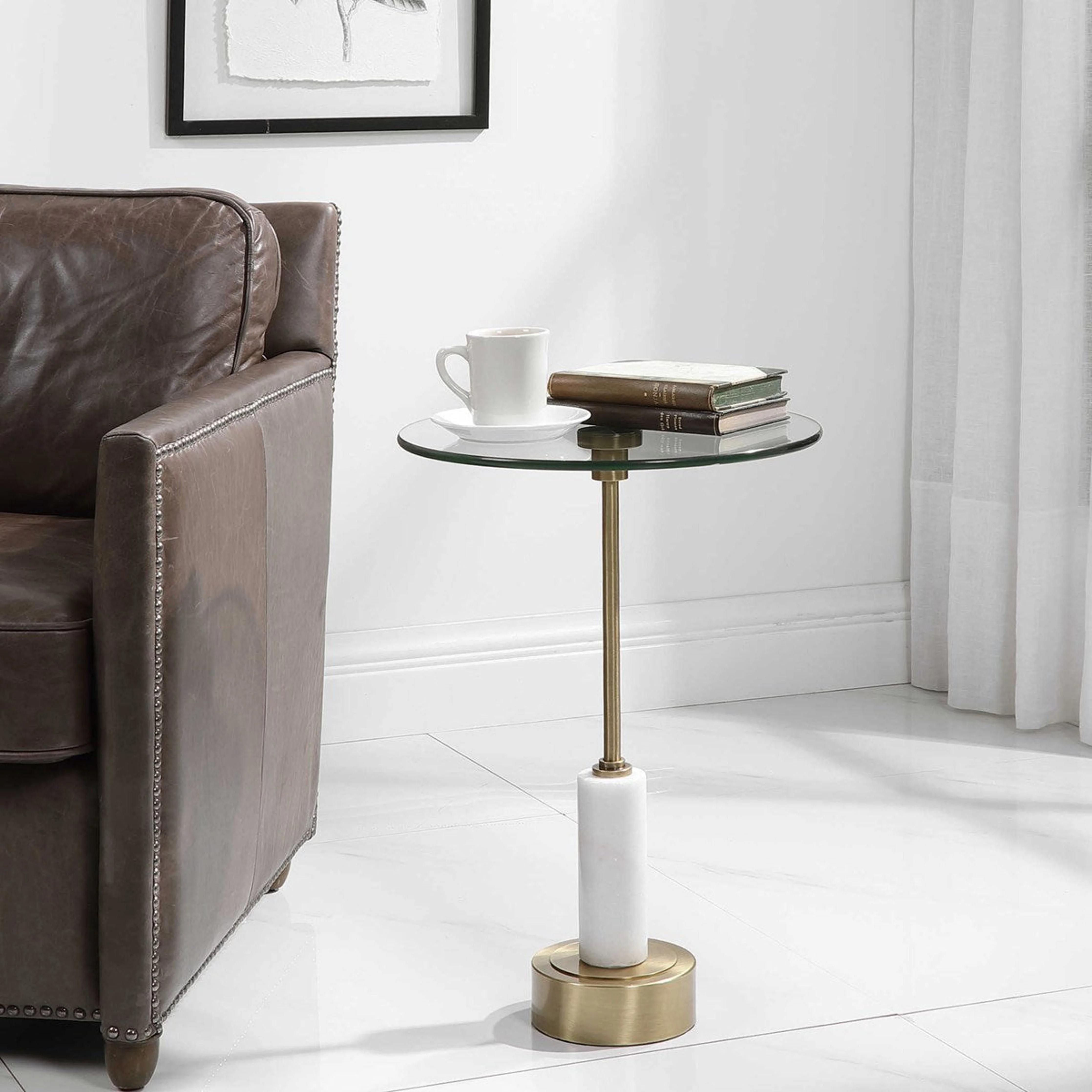 Uttermost Portsmouth Glass Top With White Marble and Brushed Brass Iron Accent Table - Image 2
