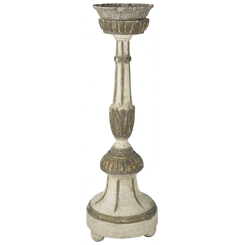 Provence Home Distressed Off White with Aged Gold Carved Wood Candle Holder