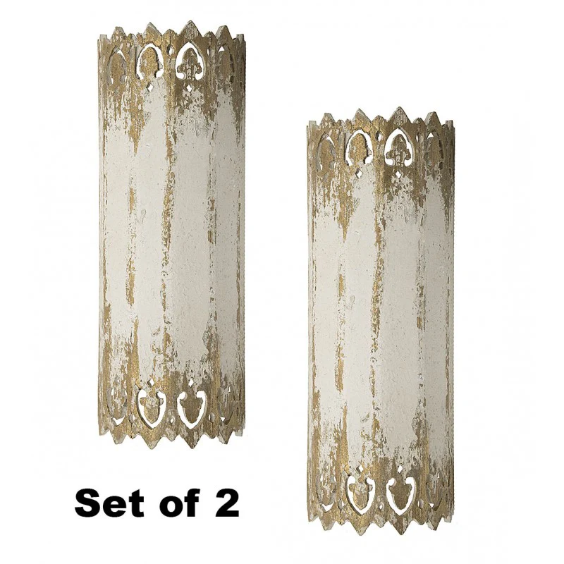 Provence Home Distressed Cream & Gold Carved Wood Set of 2 Wall Sconces - Image 2