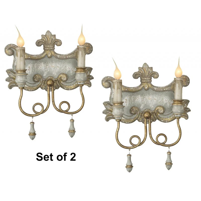 Provence Home Distressed Slate Blue & Gold Carved Wood Set of 2 Wall Sconces - Image 2