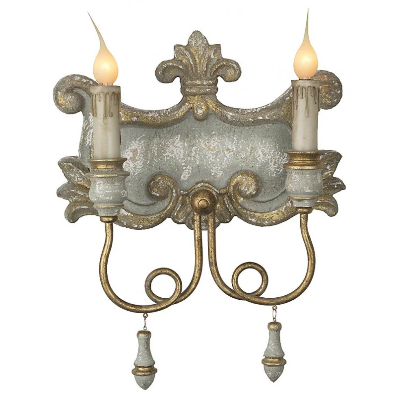 Provence Home Distressed Slate Blue & Gold Carved Wood Set of 2 Wall Sconces - Image 3