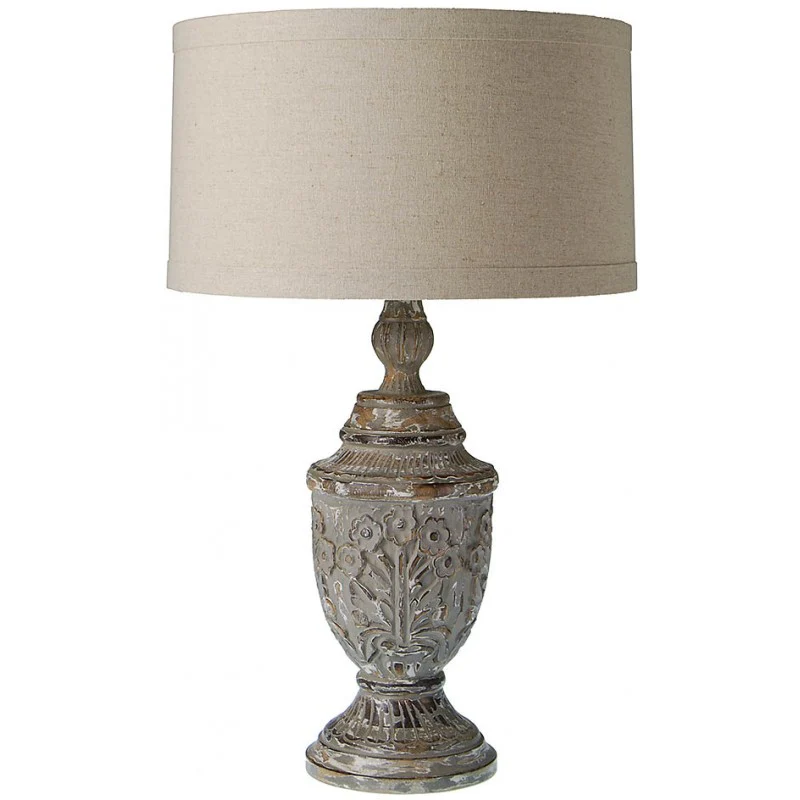 Provence Home Distressed Antique Charcoal Carved Wood Table Lamp with Linen Shade - Image 2