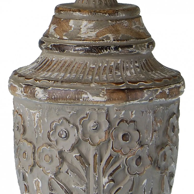 Provence Home Distressed Antique Charcoal Carved Wood Table Lamp with Linen Shade - Image 3